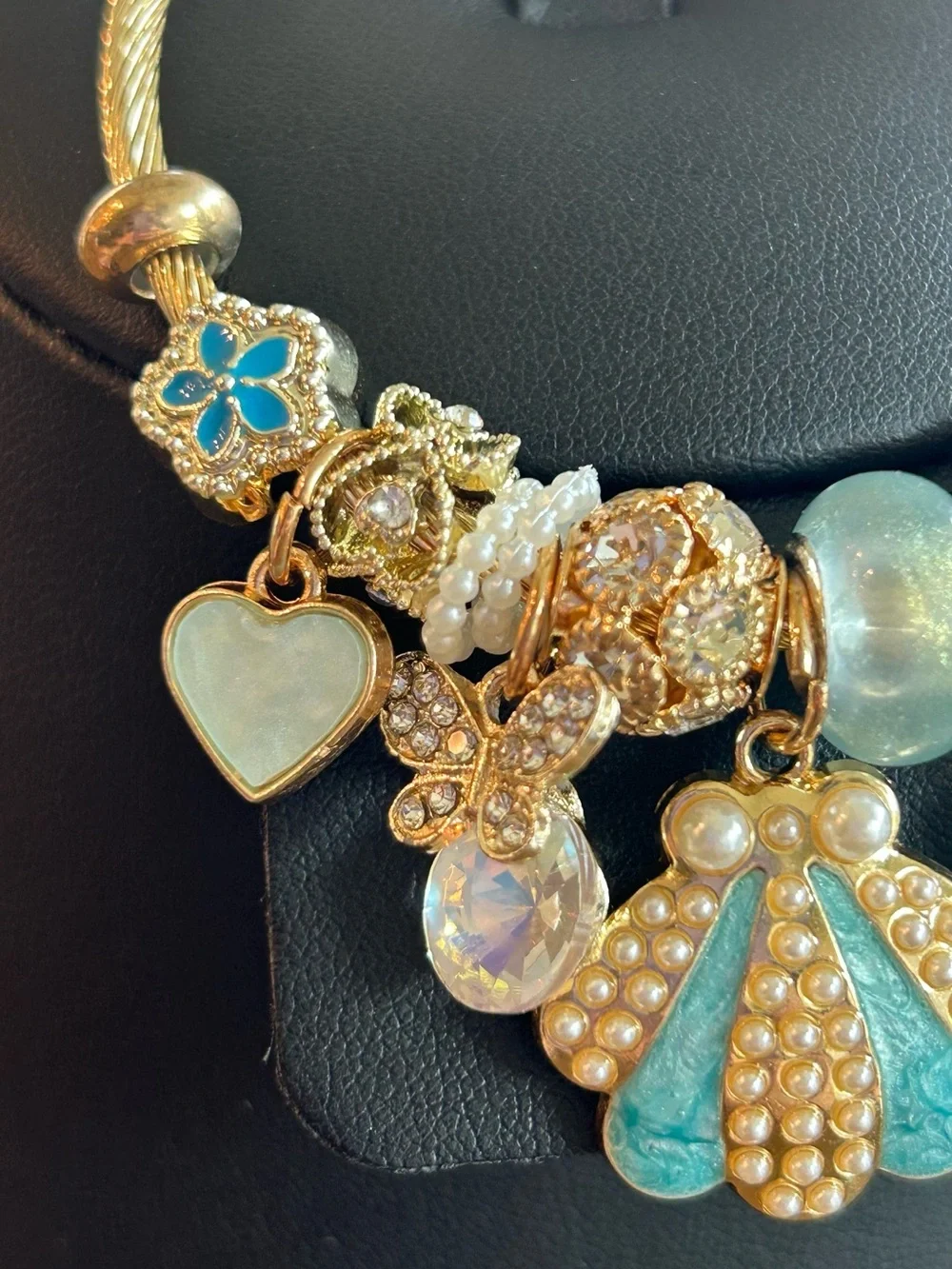 Brand New Gold Charm Bracelet with Turquoise Seashell and Pearl Charms